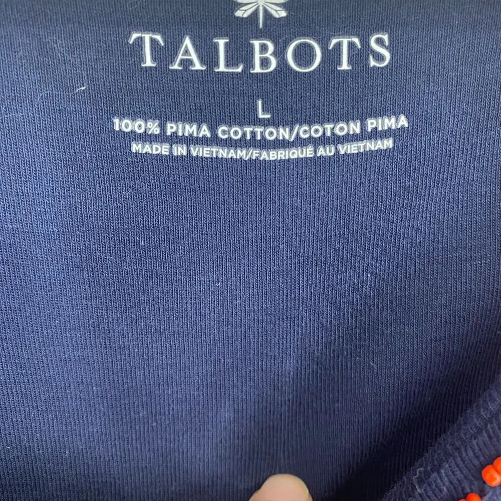 Talbots Top Women’s Large Navy Orange Beading Nautical Coastal Pima Cotton - Picture 3 of 7